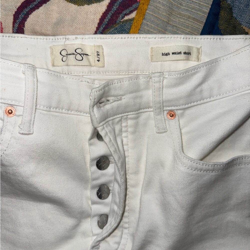 Jessica Simpson High Rise White Denim Mini Shorts with Button Fly, size 4 - Picture 8 of 9